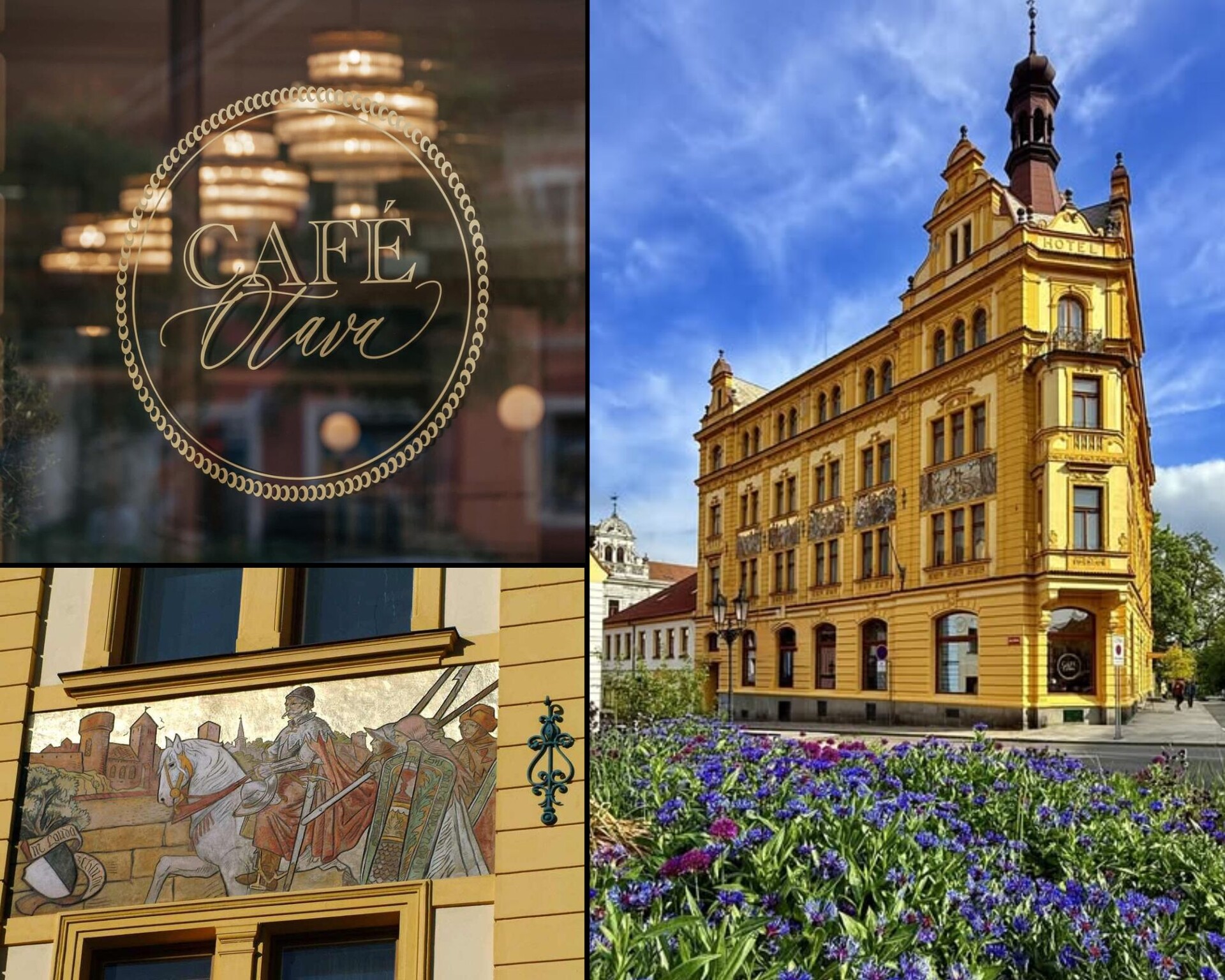 Edificio neorrenacentista del Café Otava en Písek con esgrafiados de Mikoláš Aleš, detalle de un esgrafiado y rótulo dorado Café Otava en la puerta de vidrio