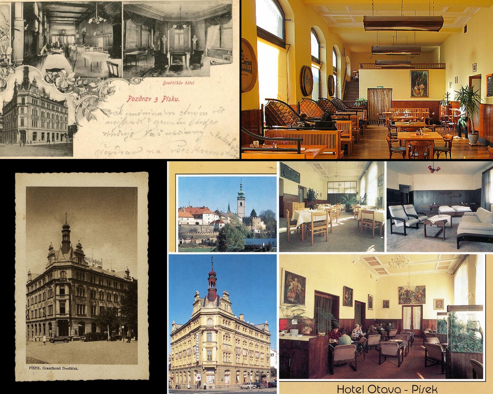 Postales de época del Grandhotel Dvořáček en Písek y fotografías de los interiores del Hotel Otava de la segunda mitad del siglo XX
