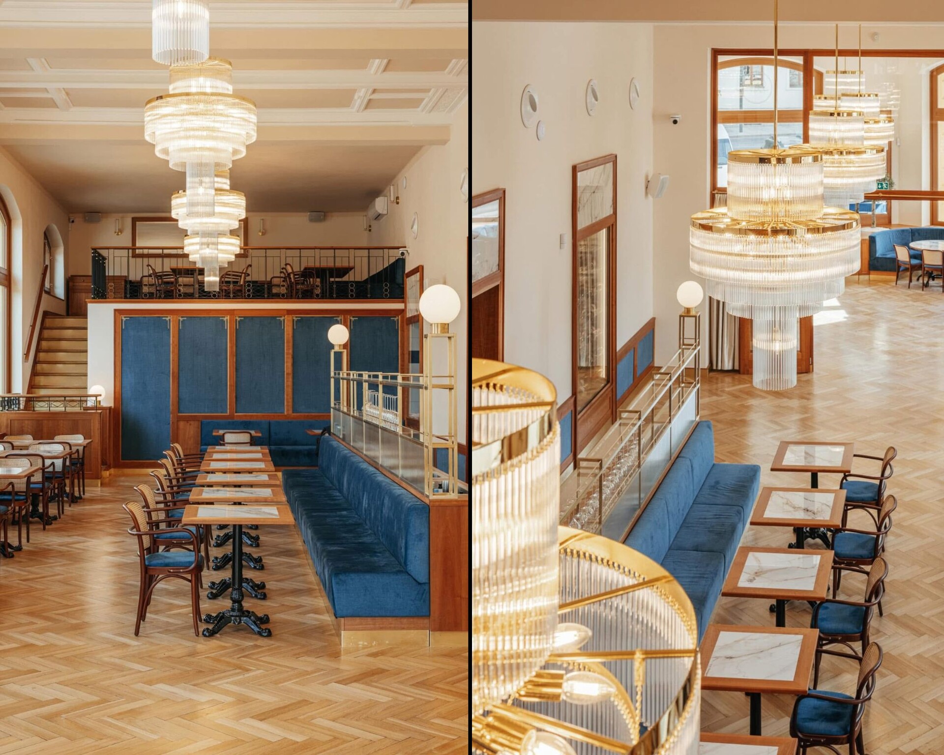 Comedor del Café Otava con bancos tapizados en azul, parqué en espiga y lámparas de latón por capas; a la derecha, la vista desde la galería superior