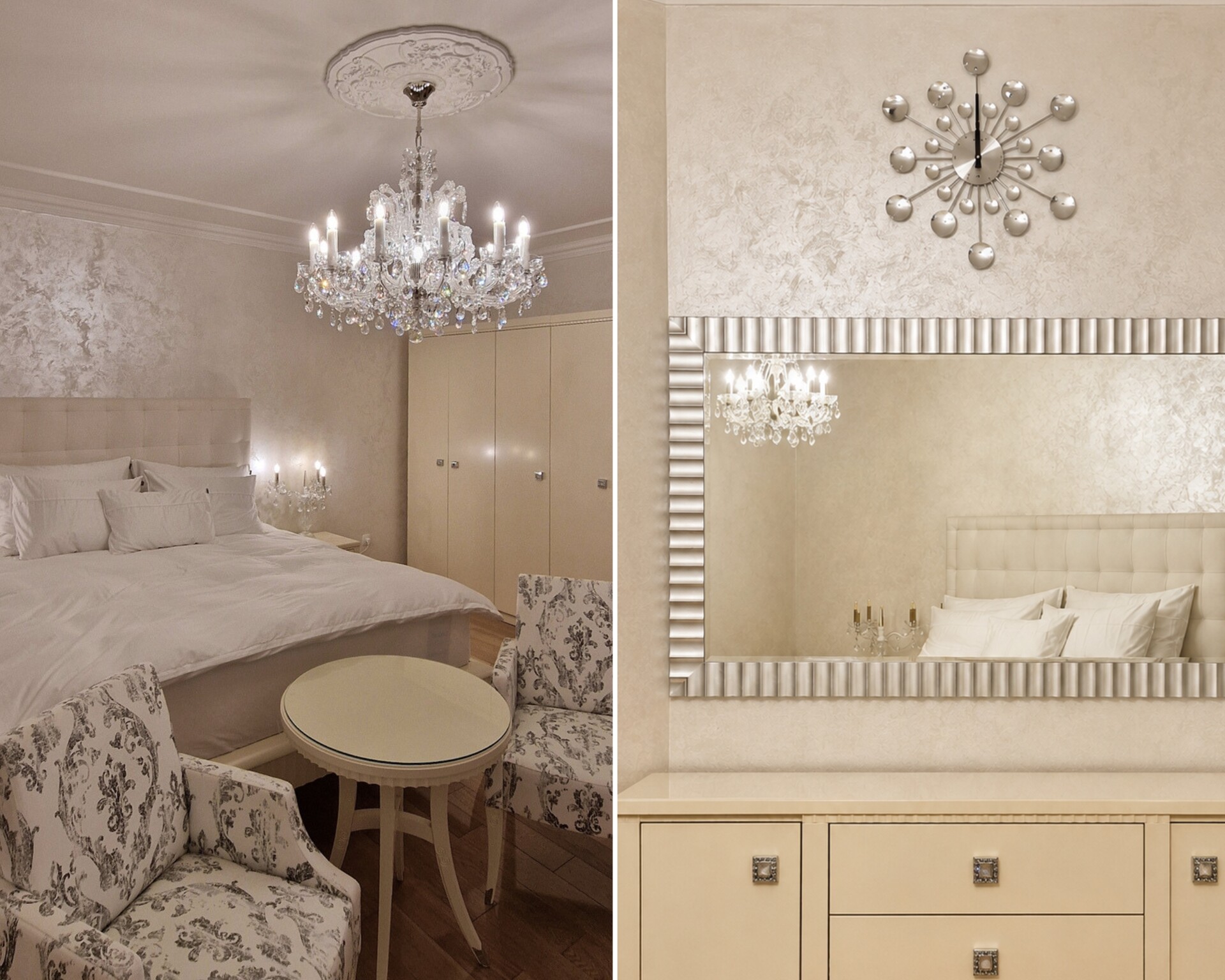 Dormitorio de invitados con lámpara de araña de cristal de estilo María Teresa y un espejo que refleja la lámpara