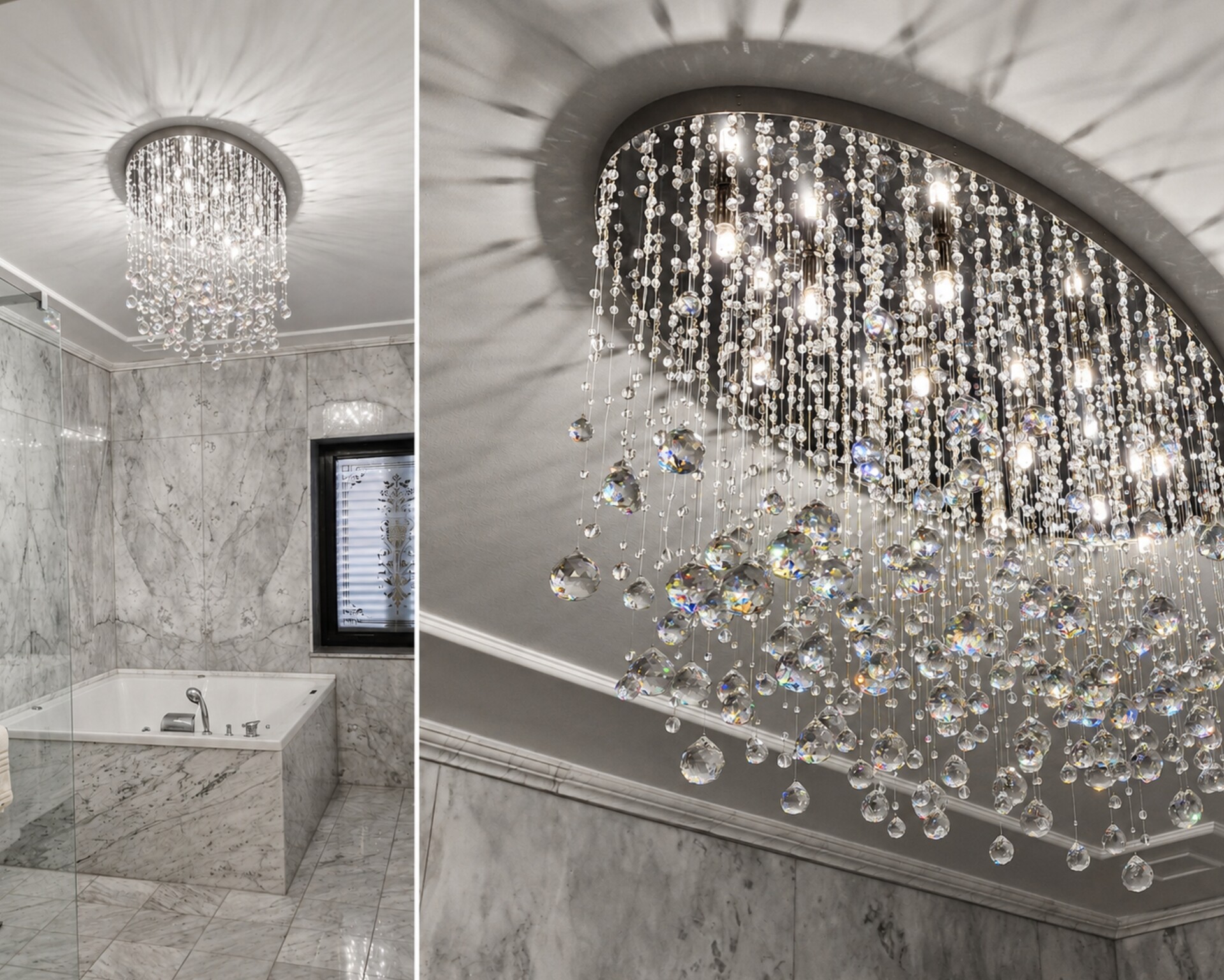 Baño de mármol con bañera y una lámpara de techo que recuerda a gotas de agua