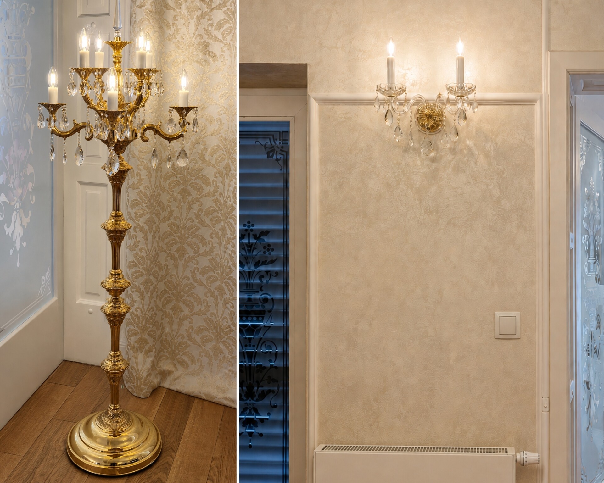 Aplique de cristal con el cableado oculto en una moldura decorativa y un candelabro de pie dorado en el pasillo
