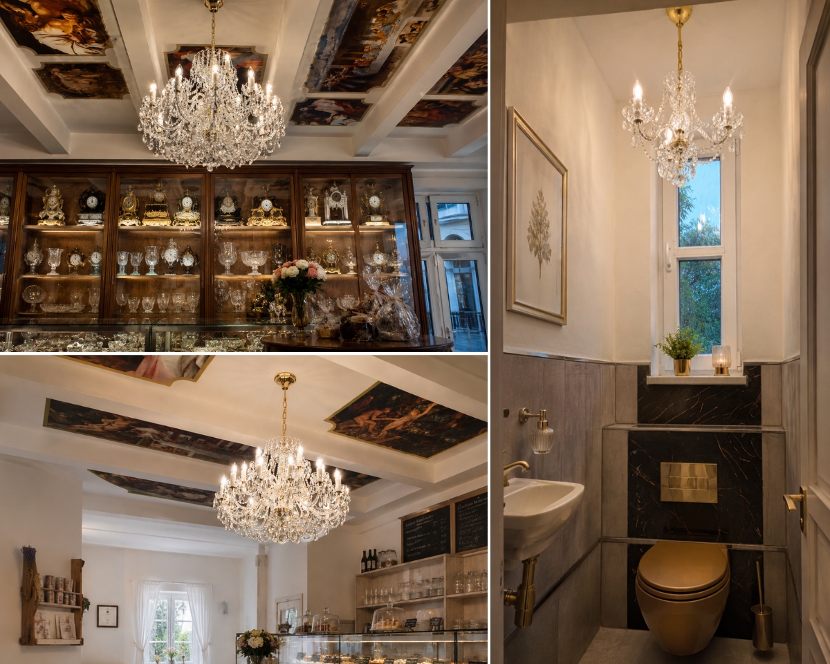Tres visualizaciones de lámparas de araña de cristal checo ArtCrystal en distintos interiores: una pastelería histórica, una acogedora cafetería rural y un elegante aseo para invitados.