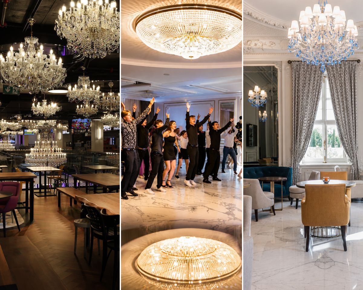 Interior de un hotel o restaurante con una araña de cristal como elemento dominante. En Bistro Bianco, una gran araña tipo cesta de 220 cm de diámetro se refleja en el brillante suelo de mármol e inunda todo el espacio de luz. En el vestíbulo del Villa Genesis en la Riviera francesa, los colgantes de cristal azul complementan la vista del mar azur a través de las ventanas.