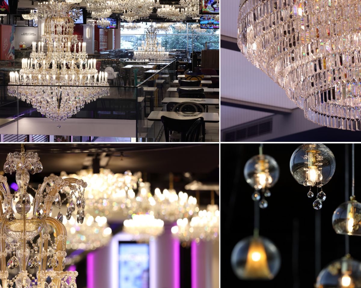 Interiores del centro comercial Máj en Praga con una extensa instalación de luminarias de cristal. En la entrada, dos monumentales arañas Maria Terezia reciben a los visitantes. En el segundo piso, 142 luminarias crean una composición lumínica sobre la zona de restauración, mientras que el restaurante Fly Vista está dominado por una luminaria de cristal de gran formato con un peso de 800 kg y 30.000 colgantes.