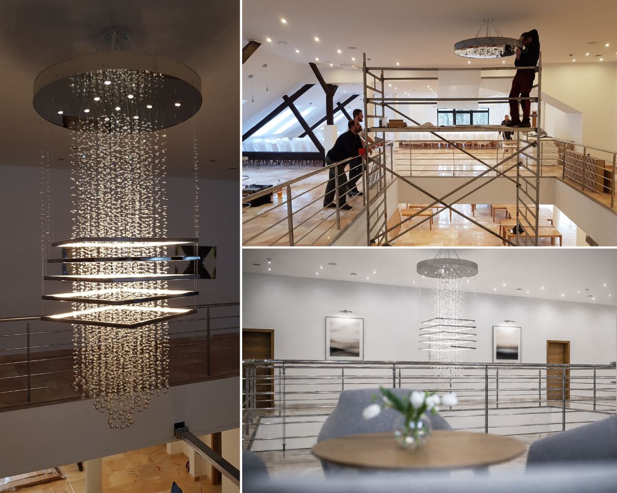 Interior del hostal Na Sklepích en Chrudim con una luminaria de cristal dominante de 150 cm de diámetro. La gran luminaria está suspendida en el espacio con énfasis en la instalación segura y el anclaje estable a la estructura portante del techo.