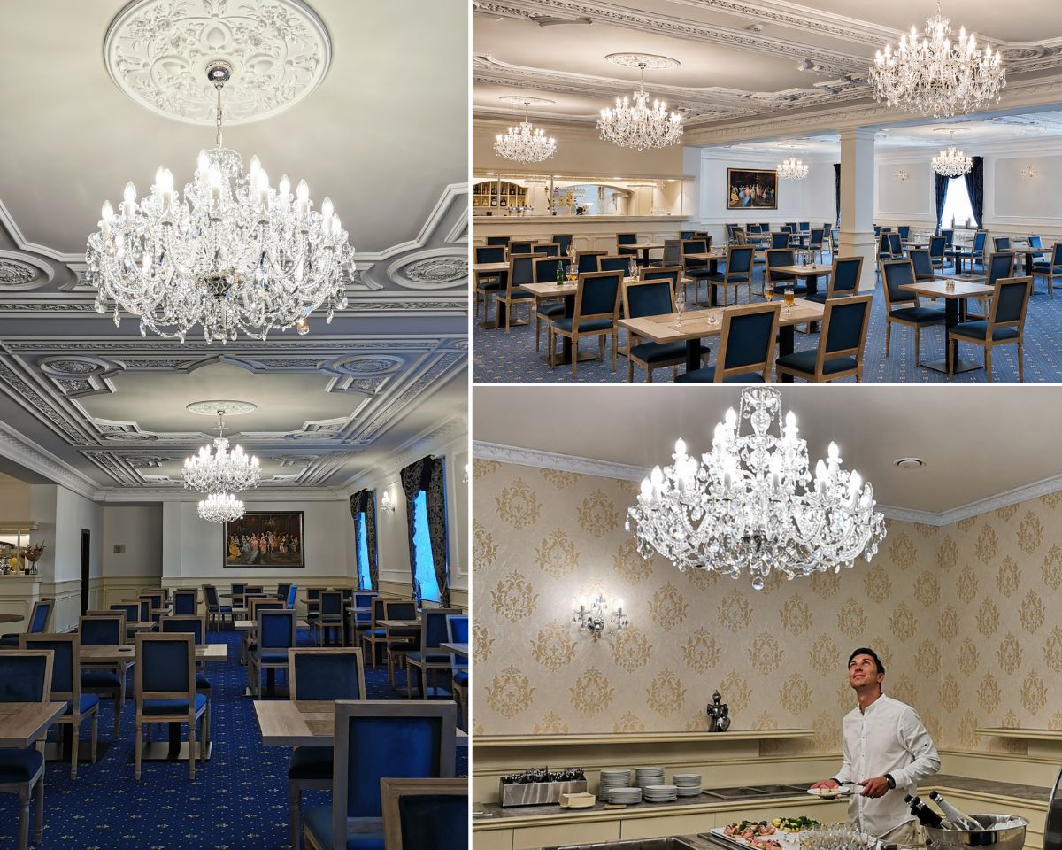 Restaurante representativo del hotel château Chateau Šanov con techos altos decorados con molduras de estuco y una fila de arañas de cristal tallado checo. La luz se distribuye uniformemente a lo largo de todo el salón, subrayando la elegancia histórica del interior.