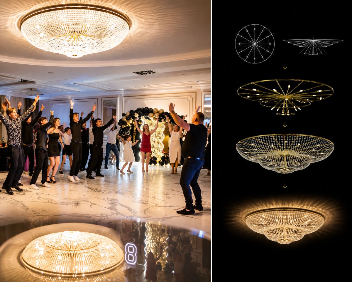 Interior de lujo del restaurante Bistro Bianco con una gran luminaria tipo cesta de 220 cm de diámetro, equipada con colgantes de cristal tallados a mano. La luminaria está ubicada en un techo falso circular brillante que crea un reflejo marcado y amplifica el efecto espacial de toda la instalación.