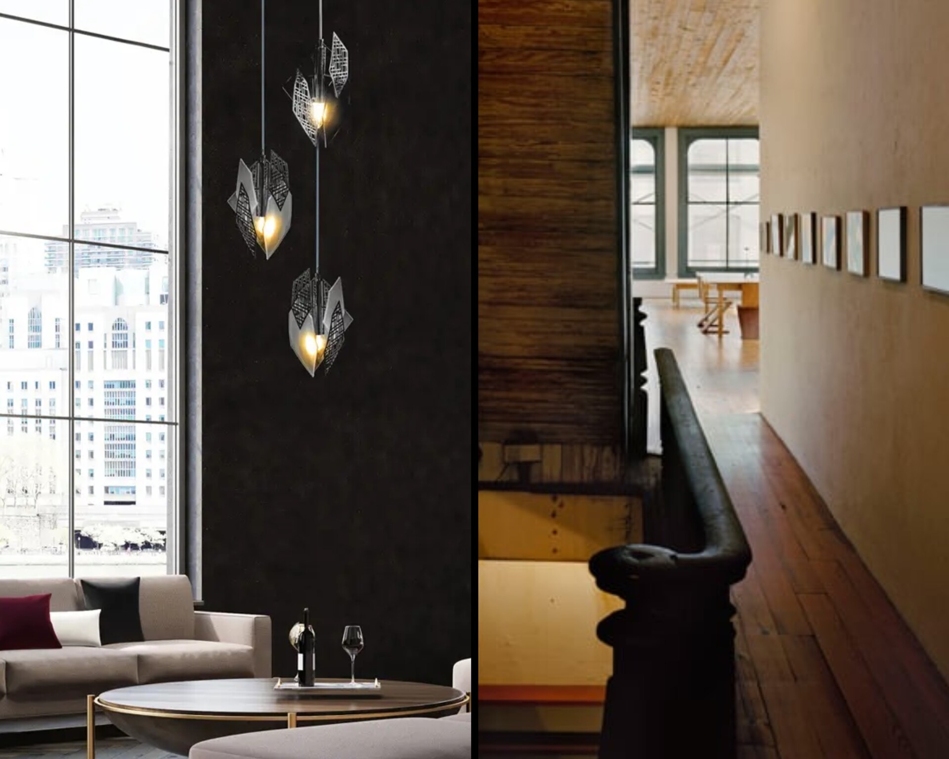 Lámpara de techo moderna de estilo industrial que combina vidrio y metal en distintos acabados y decorados