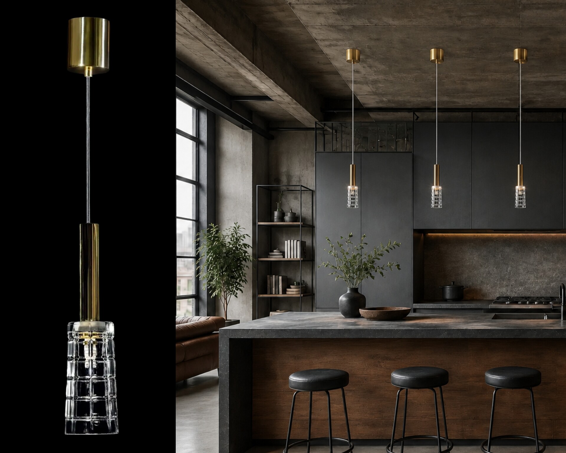 Tres lámparas colgantes de metal y cristal en acabado dorado sobre una isla de cocina en una cocina de estilo industrial.