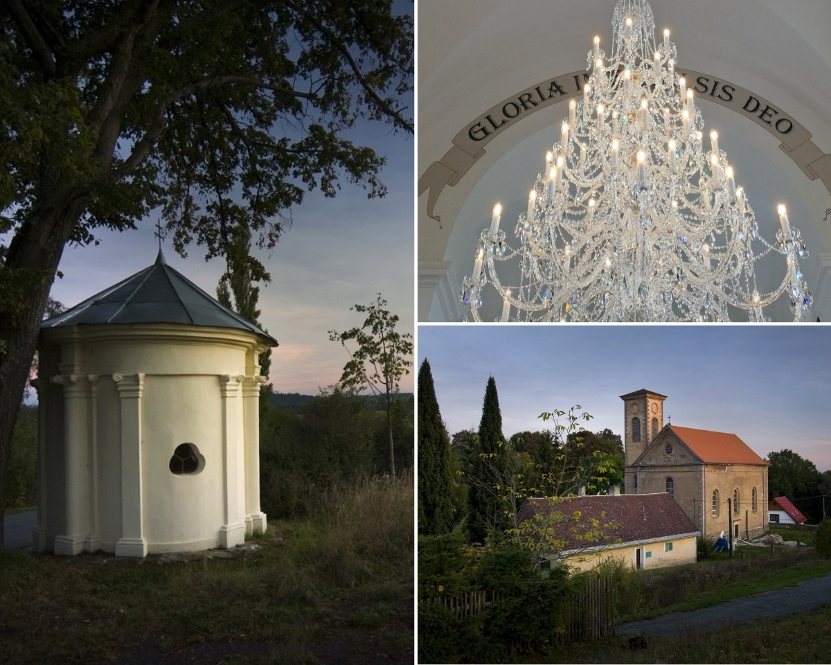 La capilla barroca de la Coronación de la Virgen María, la iglesia de Todos los Santos en Boněnov y la lámpara de araña de cristal AL061K