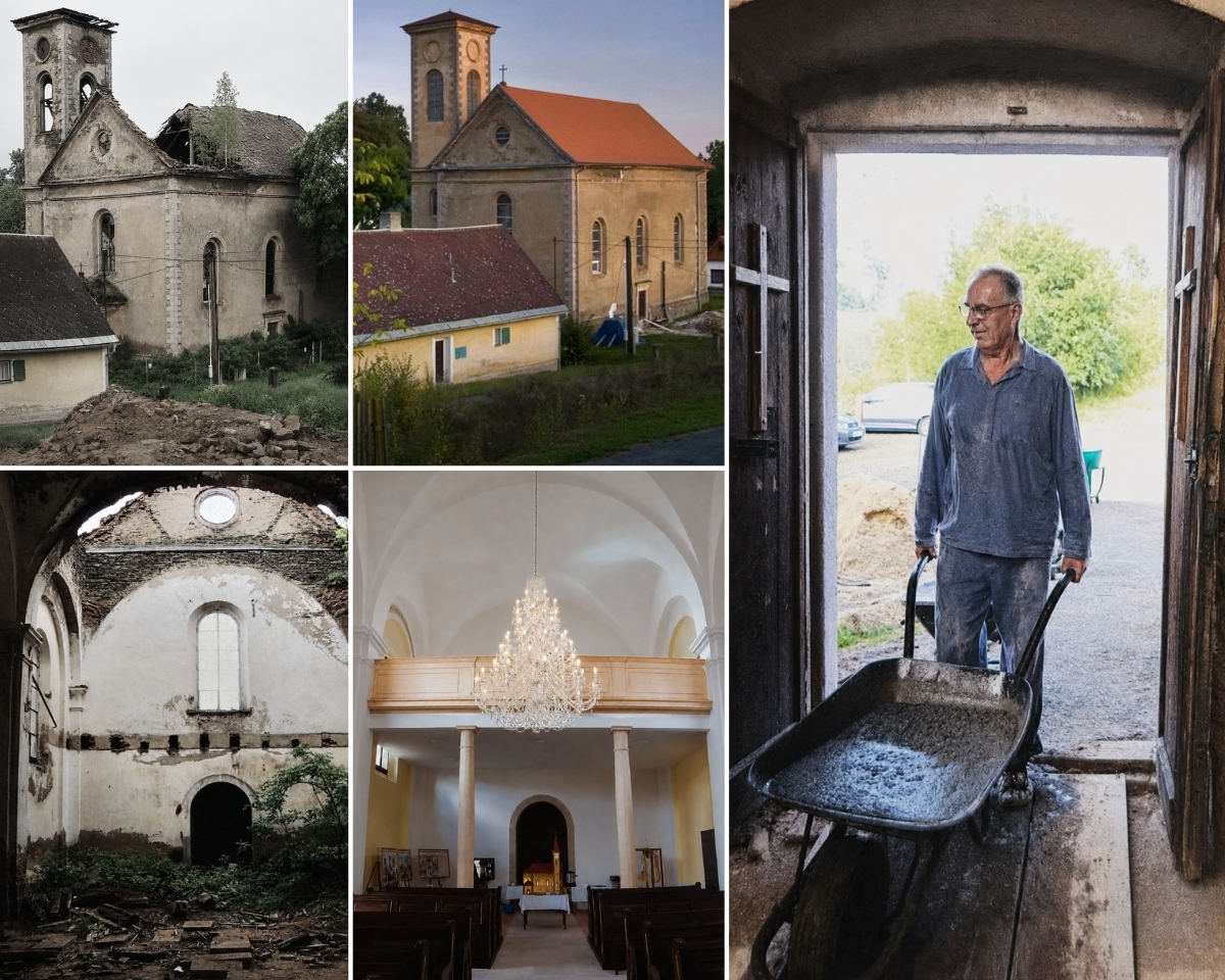 La iglesia de Todos los Santos en Boněnov antes de la renovación, durante las obras de construcción y tras la finalización de la restauración.
