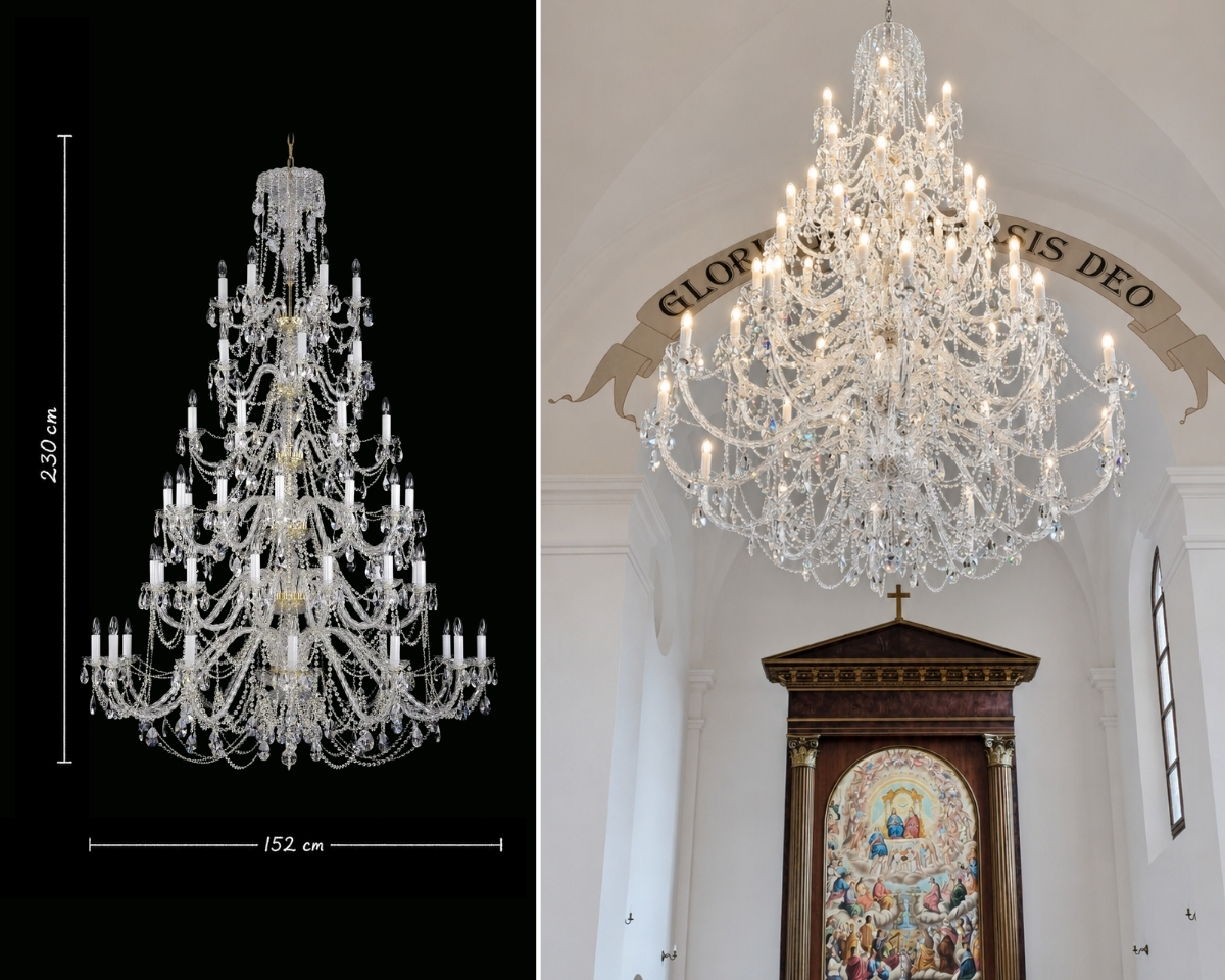 La lámpara de araña de cristal AL061K, de 230 cm de altura y 152 cm de diámetro, instalada en la iglesia de Todos los Santos en Boněnov.