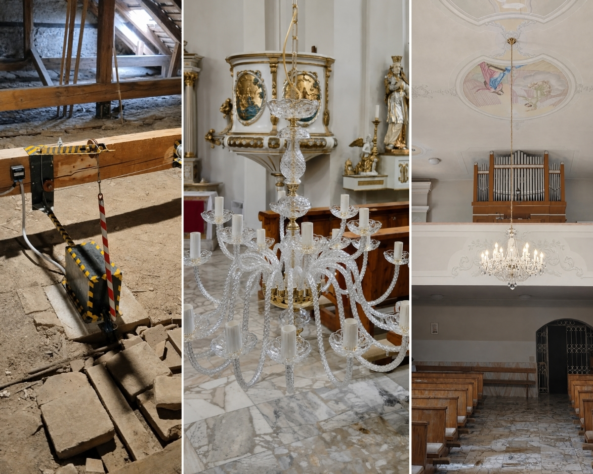 Montaje de la lámpara de araña de cristal AL036K con un torno y su instalación final en la iglesia de San Nicolás en Veľké Vozokany.