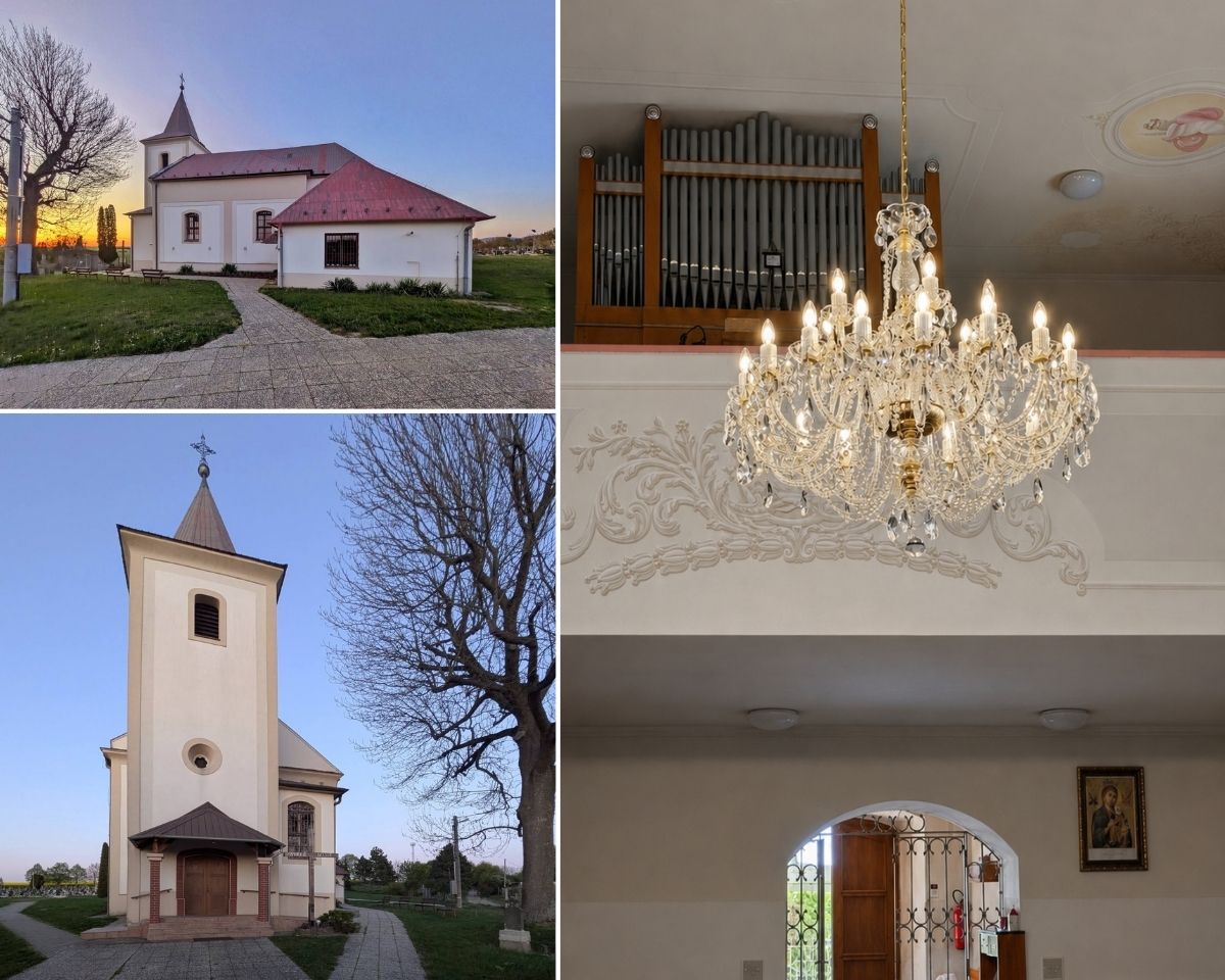 La iglesia de San Nicolás en Veľké Vozokany y su interior con la lámpara de araña de cristal AL036K.