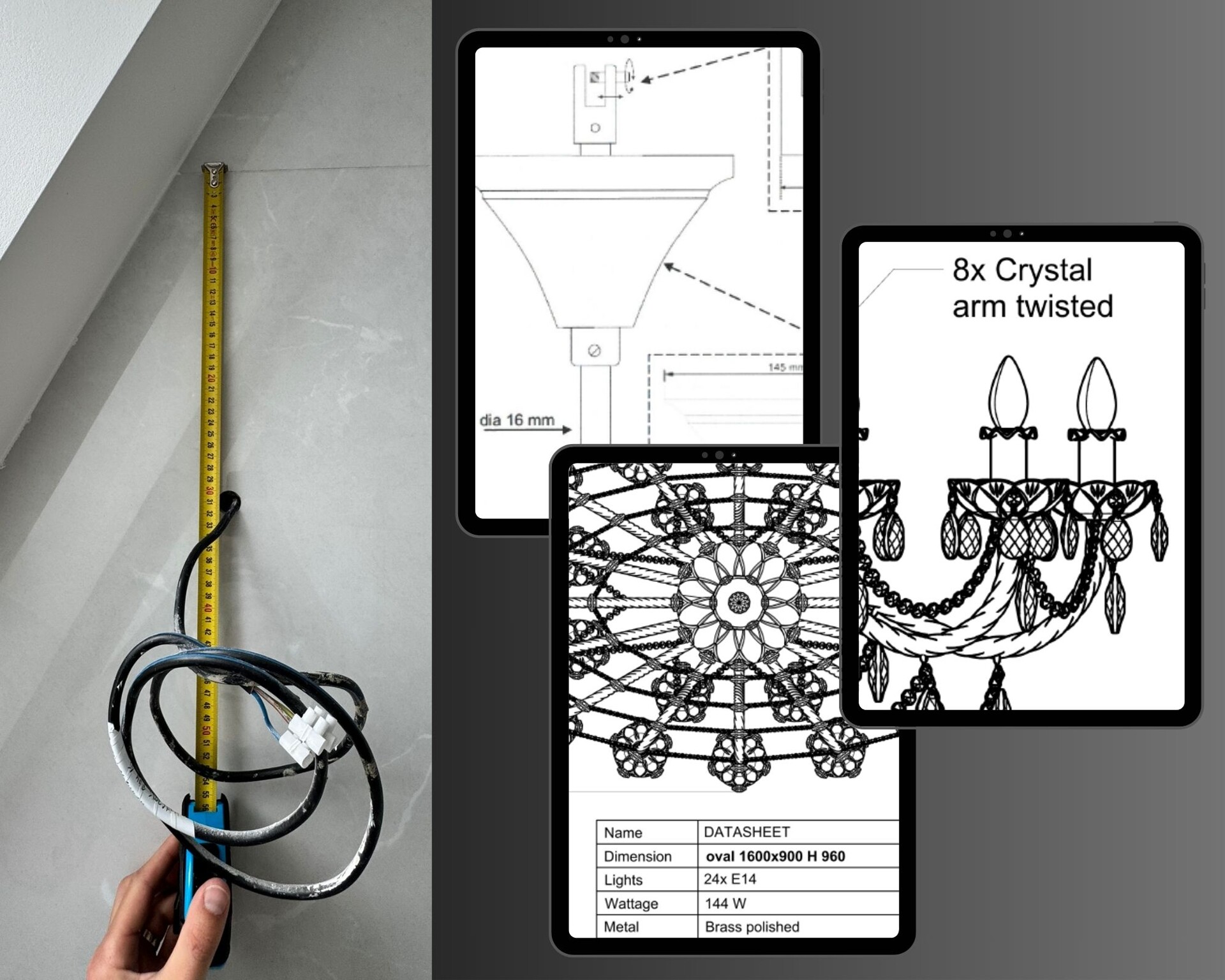 Medición precisa del baño y documentación técnica para el diseño de una lámpara de cristal de Bohemia a medida.