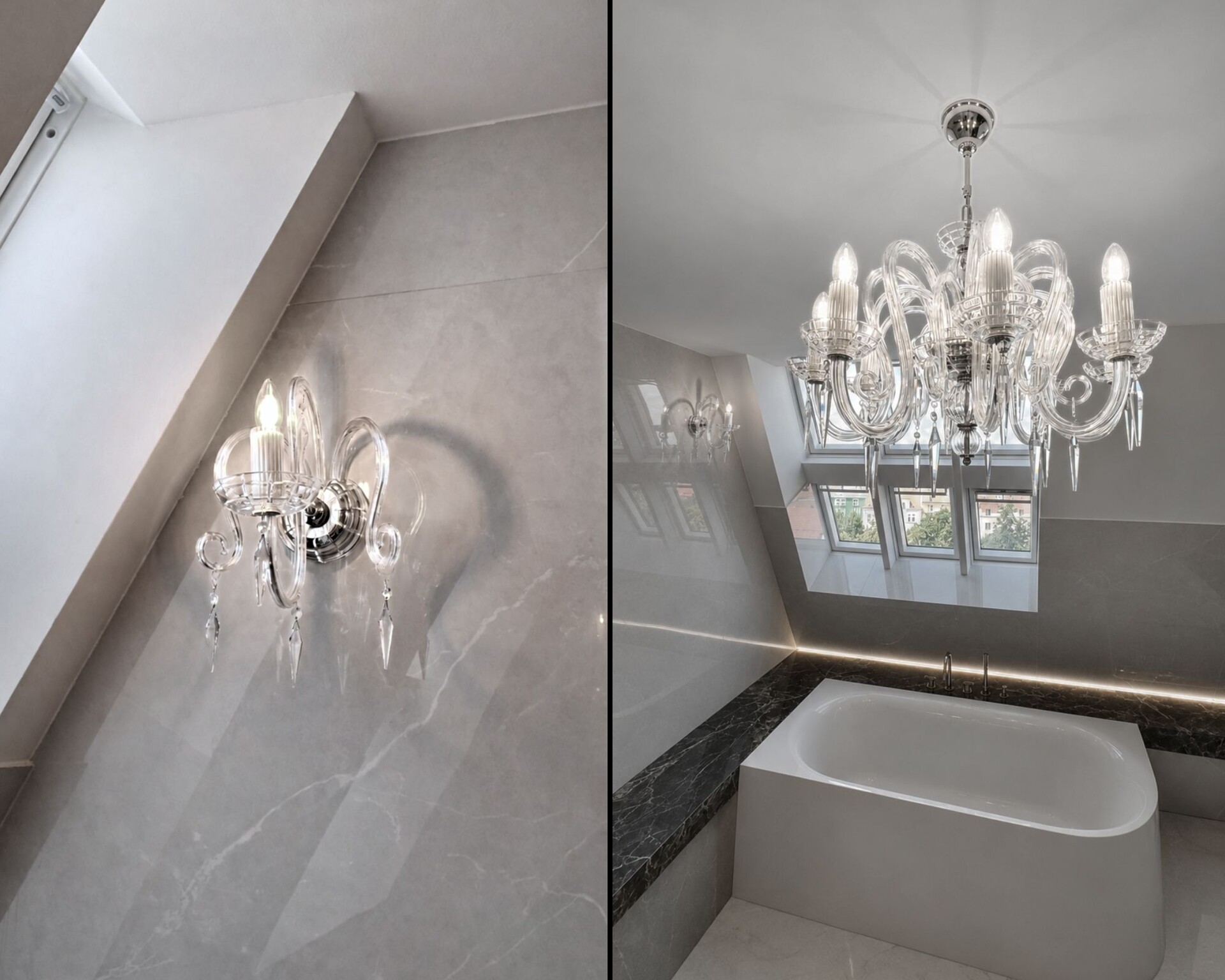 Lámpara de cristal y apliques en un baño abuhardillado con bañera exenta y revestimiento de mármol.