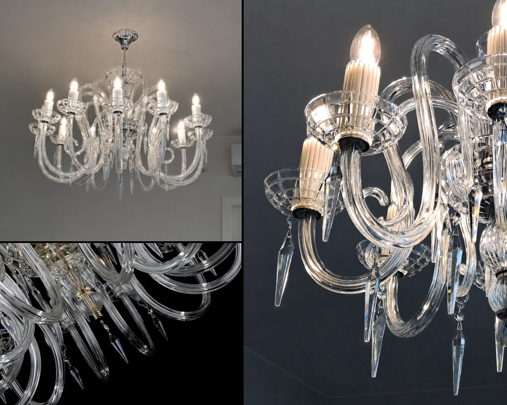 Detalle de una lámpara de cristal con brazos de vidrio moldeados a mano, platillos de vidrio y colgantes tallados.