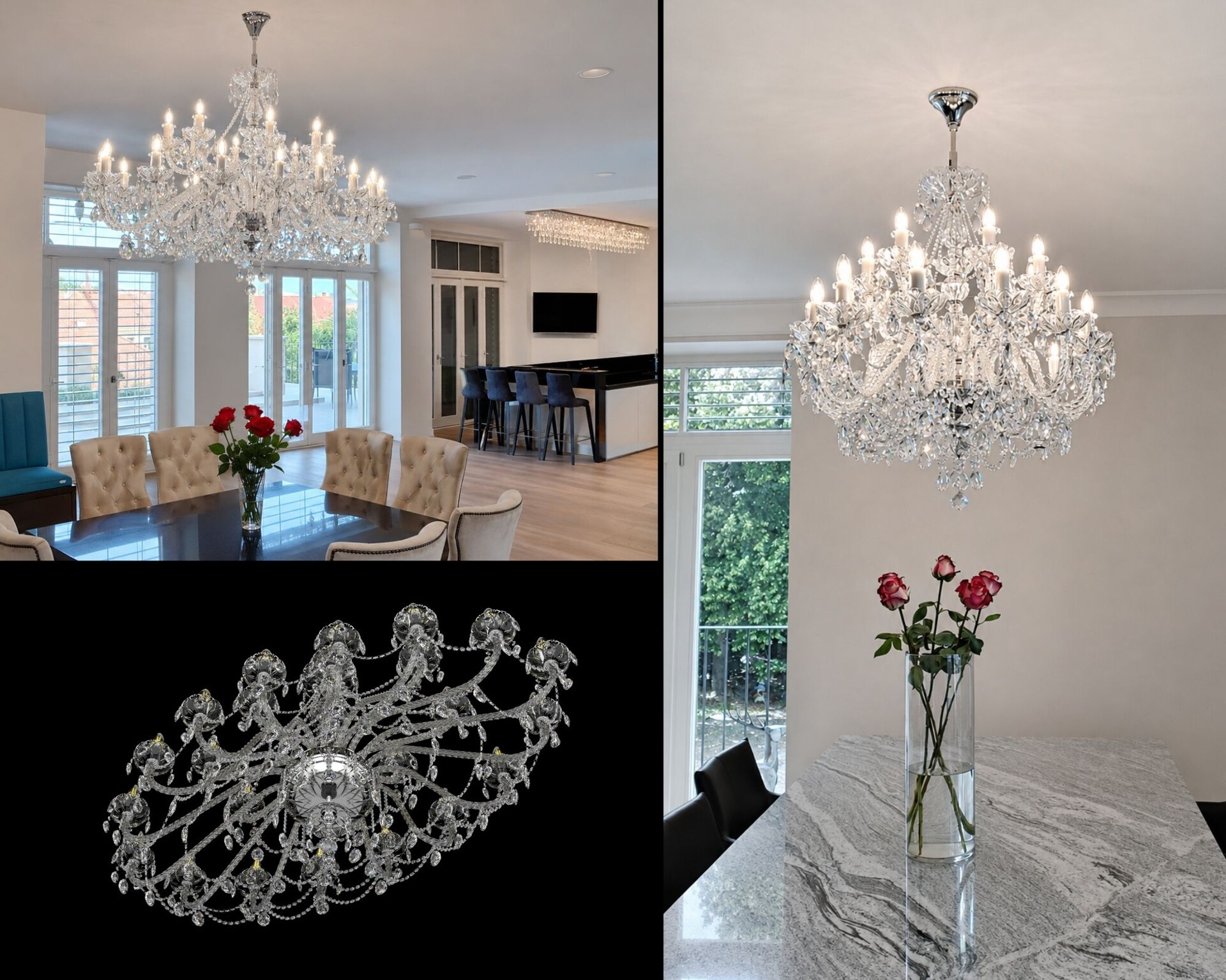 Gran lámpara de cristal en el comedor sobre una mesa de mármol, con detalle de la luminaria