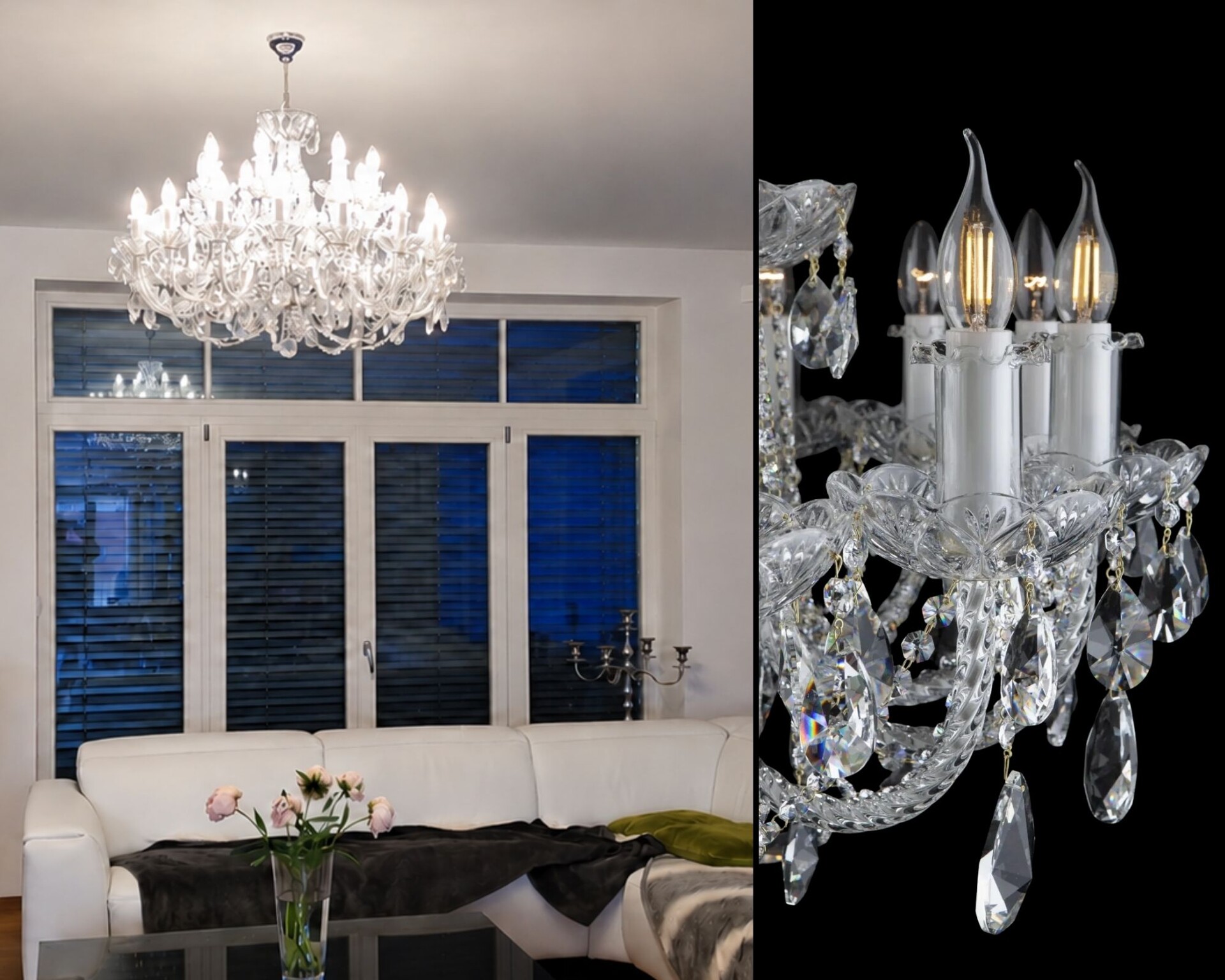Lámpara de cristal de Bohemia en el salón y detalle de sus brazos de vidrio moldeados a mano y sus colgantes.