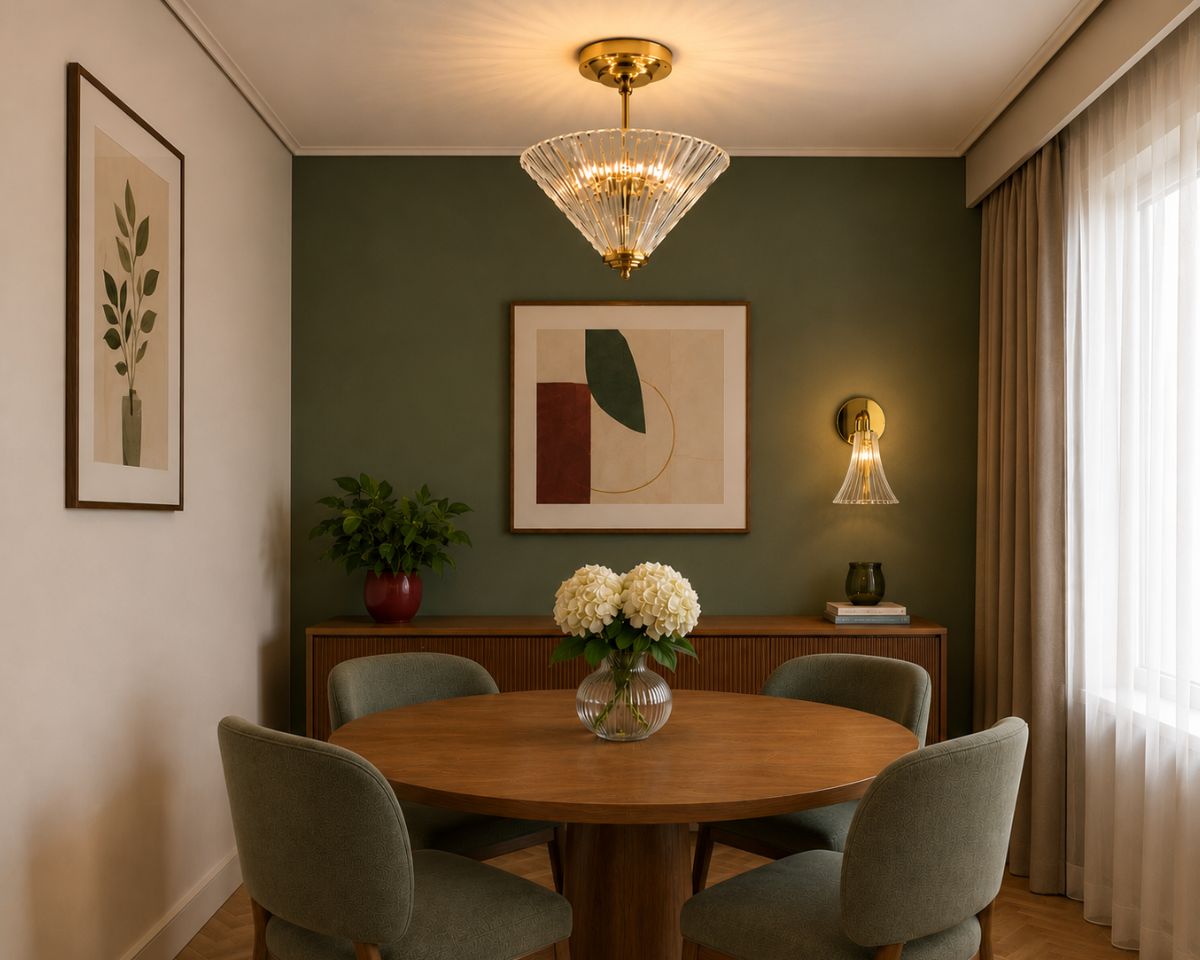 Comedor moderno con mesa redonda de madera, lámpara de araña de cristal con cuenco tallado en forma radial sobre la mesa y aplique minimalista con base de latón y pantalla de cristal en una pared de acento verde.
