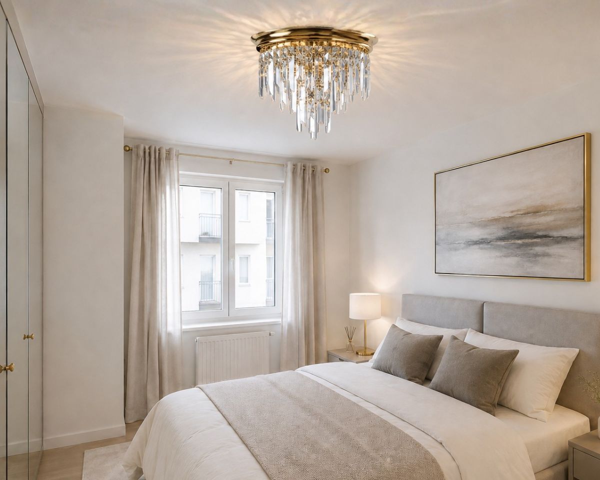 Dormitorio luminoso con una elegante lámpara de techo decorada con cadenas de colgantes de cristal tallado en forma de cuadrados y prismas alargados que crean suaves reflejos de luz.