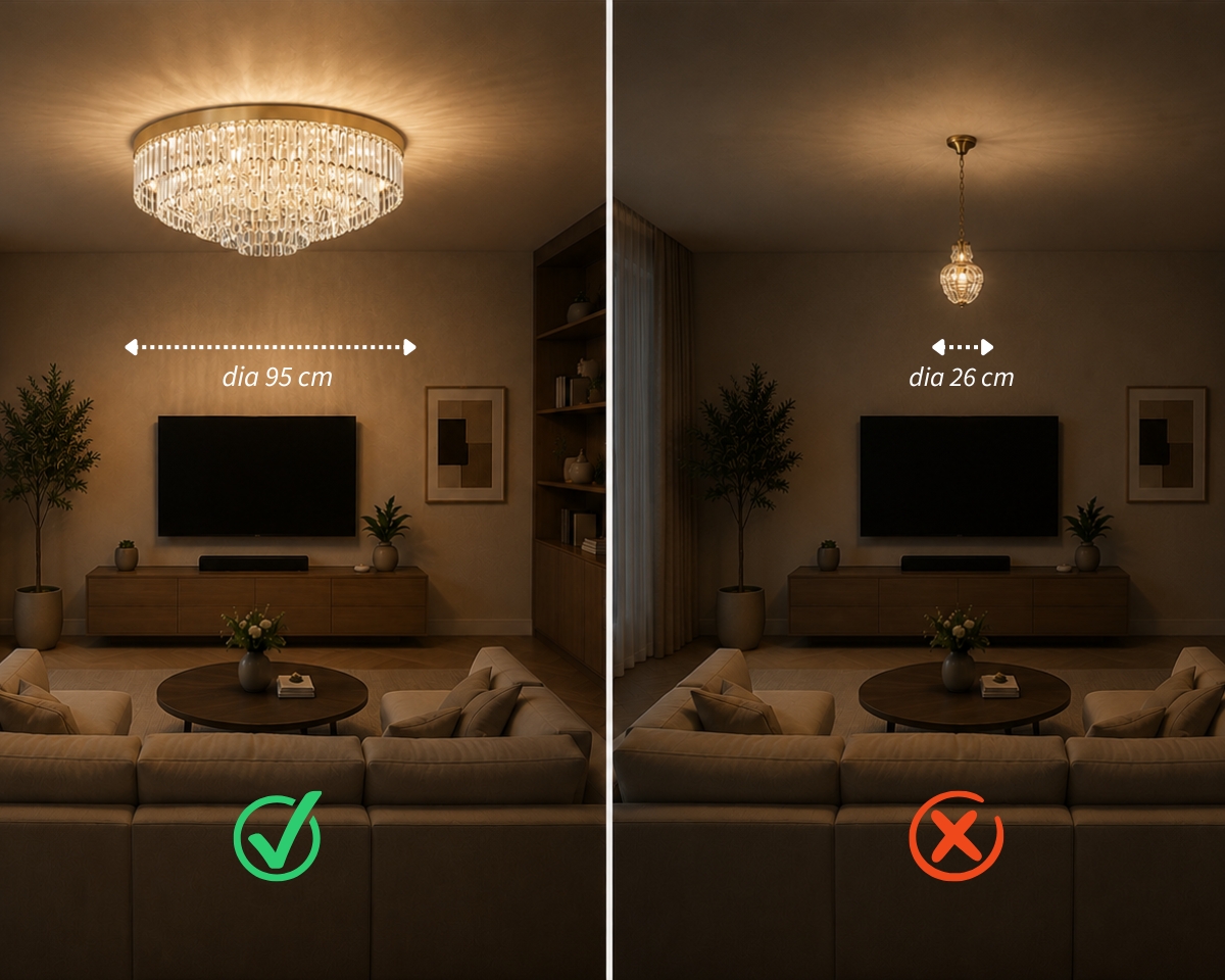 Visualización de un salón con una lámpara de araña mal proporcionada, ilustrando los errores más comunes al elegir iluminación para el salón.