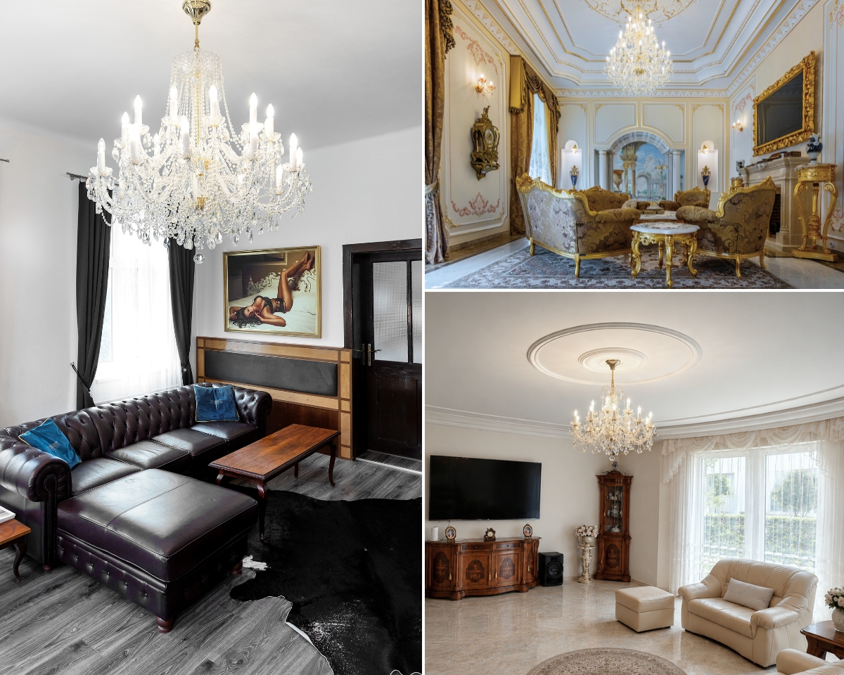 Amplio salón elegante con una gran lámpara de araña de cristal como elemento dominante del interior, mostrando cómo una luminaria de gran tamaño puede funcionar de forma armoniosa y sofisticada en el espacio.