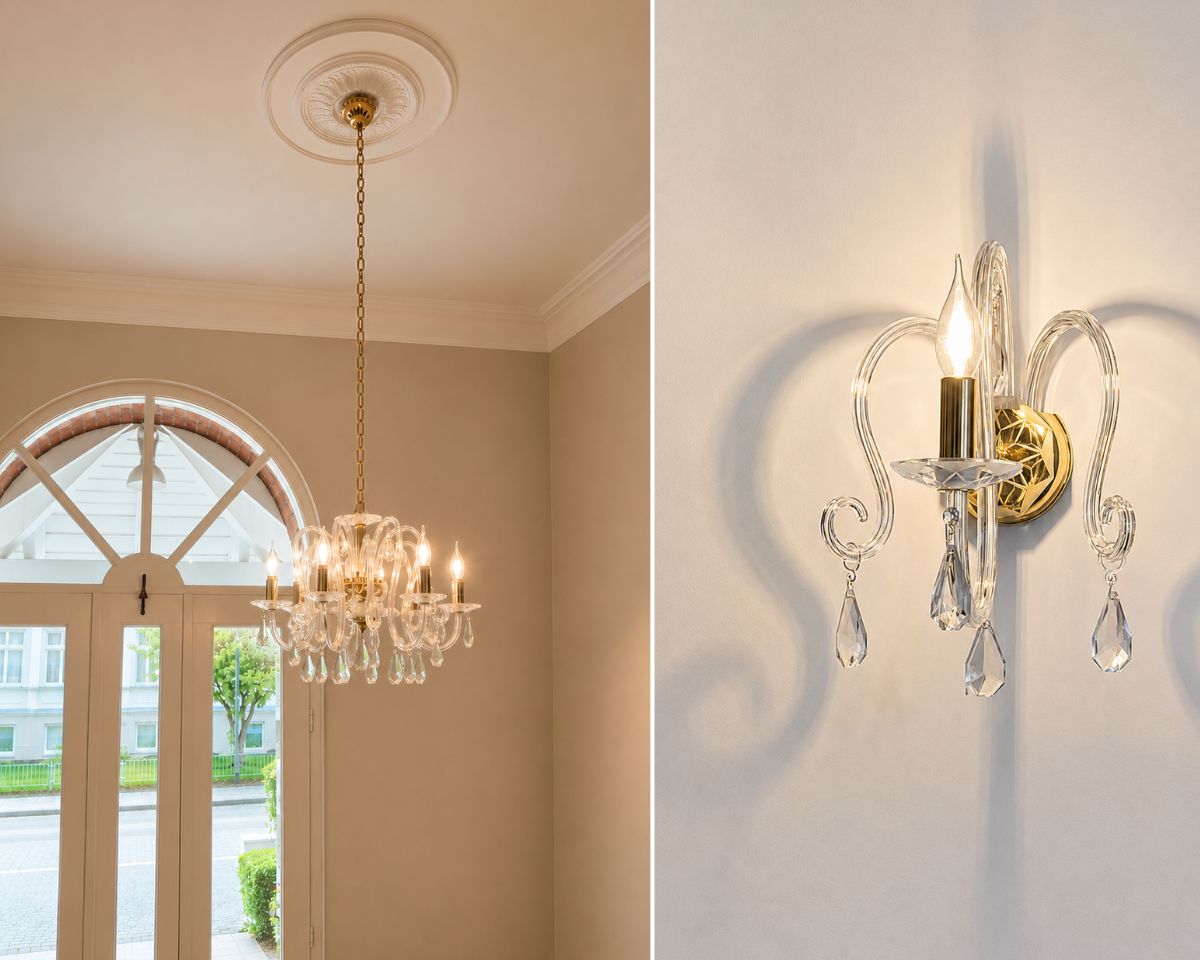 Original araña de cristal con brazos de forma poco convencional, platillos mate y adornos tallados, complementada por un elegante aplique de pared del mismo diseño.