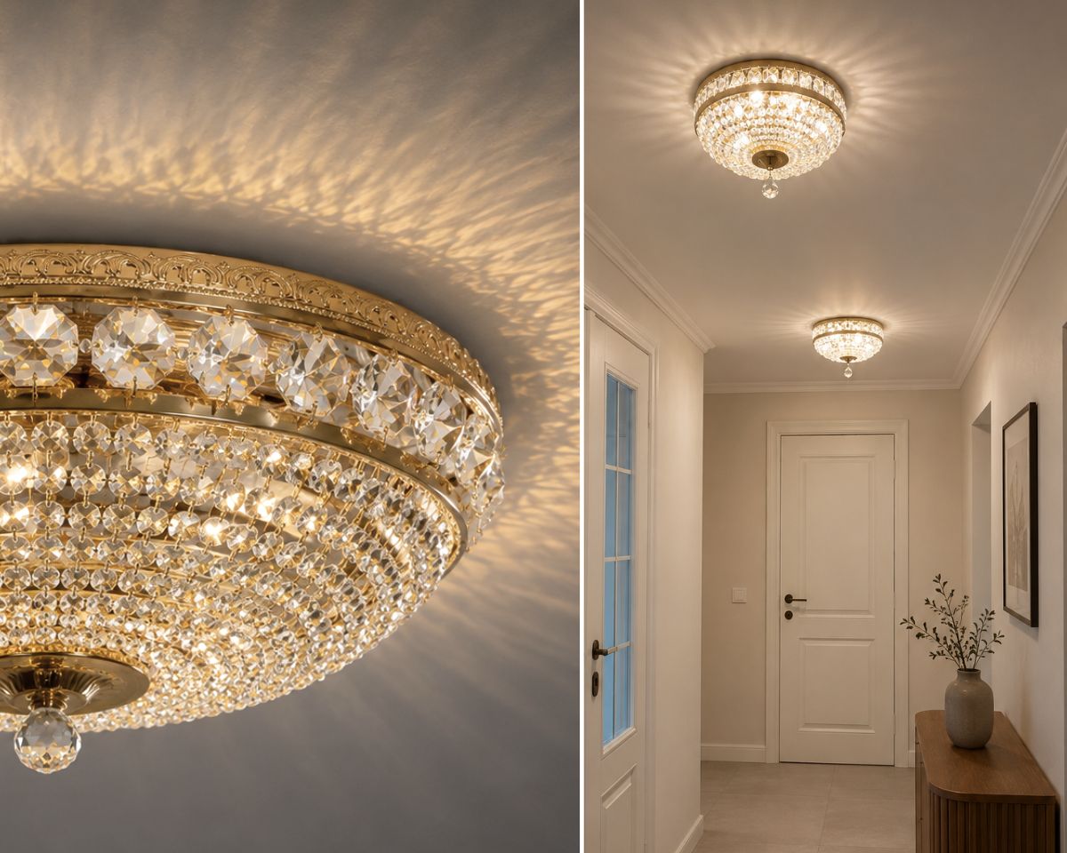 Elegante plafón de cristal con seis bombillas, adornos de cristal tallado y una delicada estructura metálica en acabado dorado pulido o plateado.