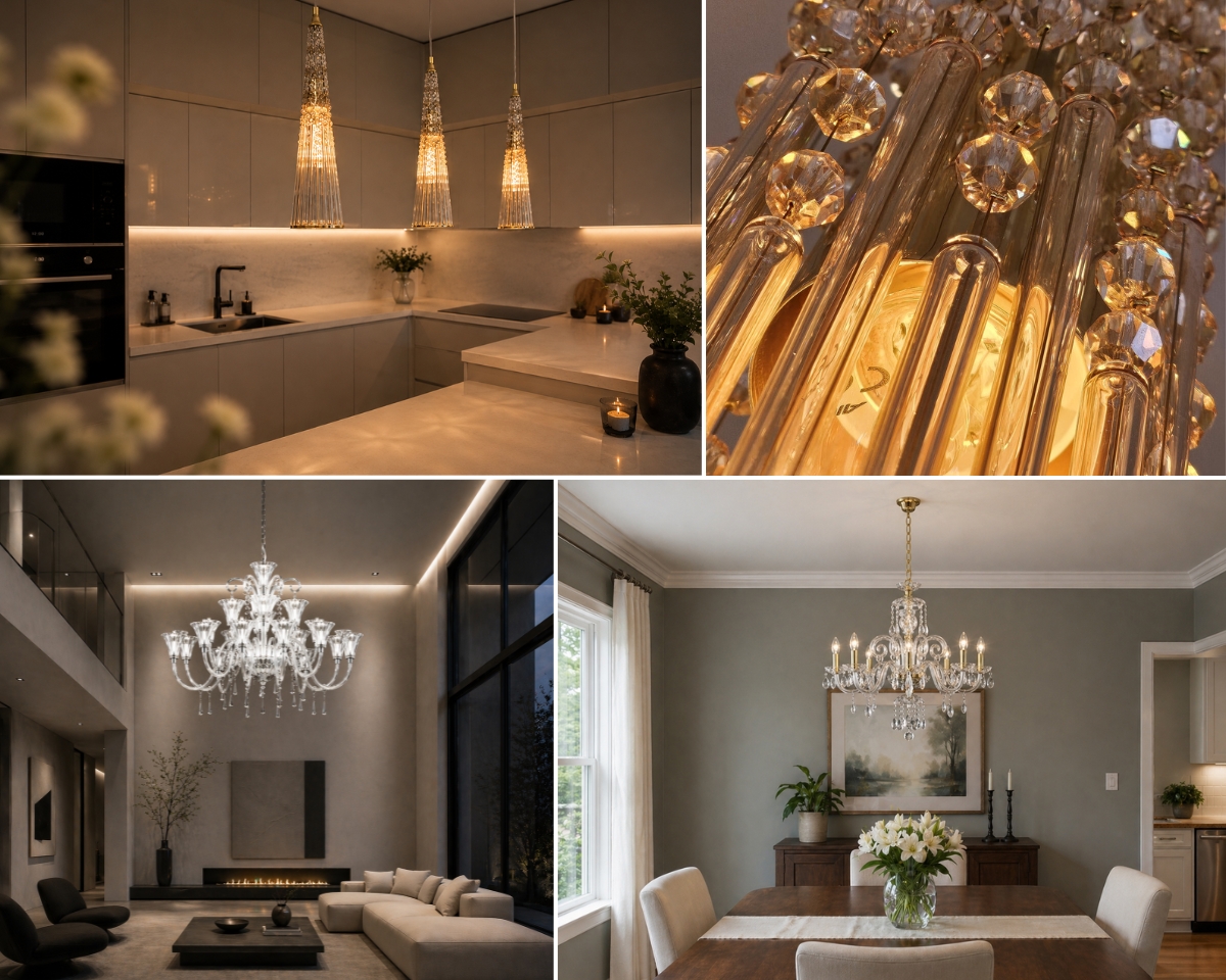 Esta lámpara de cristal destaca con naturalidad sobre la mesa del comedor, en un salón con muebles sencillos y en una cocina moderna, donde suaviza las líneas limpias y aporta carácter al espacio. Una lámpara de araña de cristal sobre la mesa del comedor, tanto en un salón moderno como en una cocina minimalista, se convierte en un elemento central y elegante del espacio, y aporta profundidad, detalle y un sutil brillo al interior.