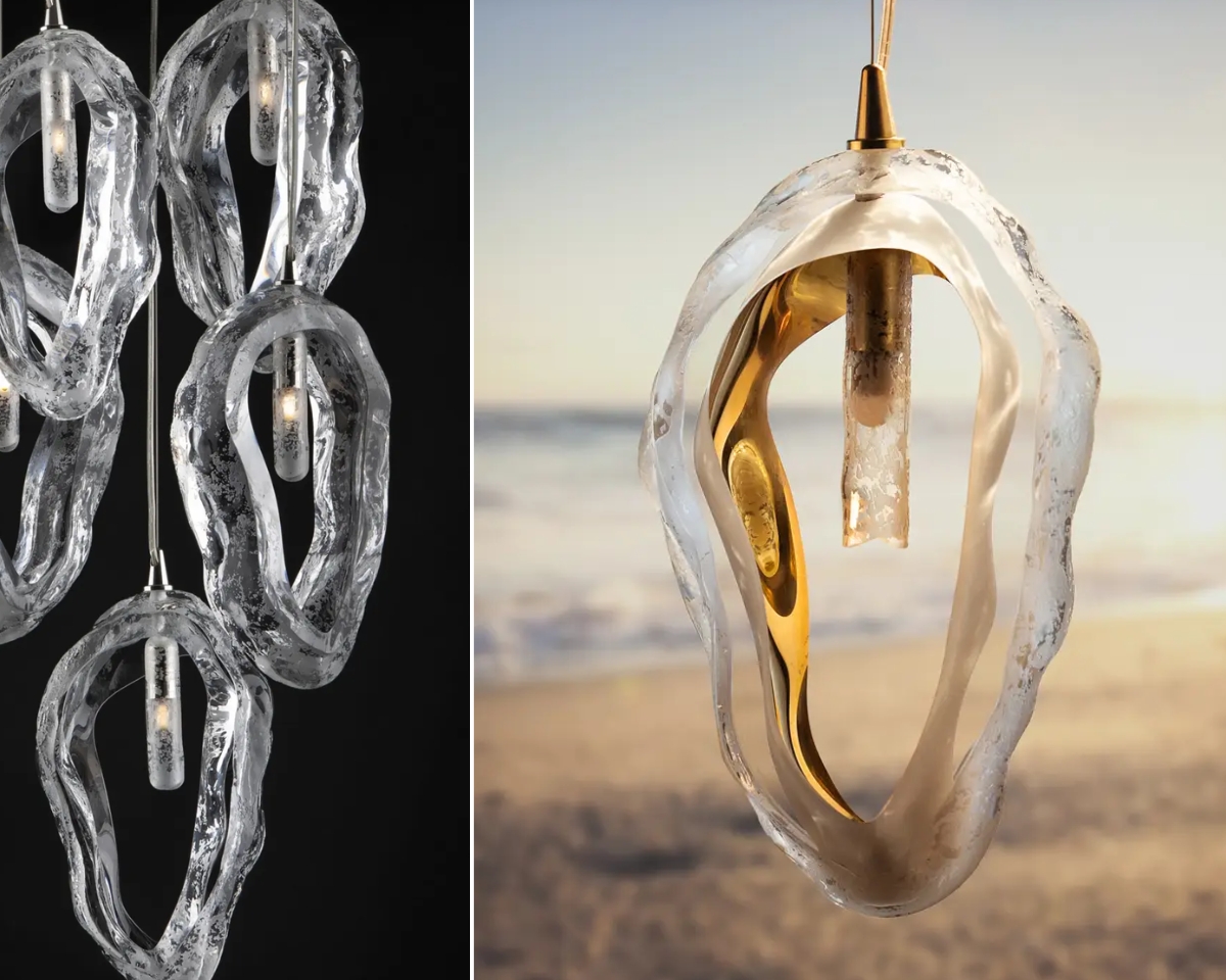ELS05 está disponible tanto en vidrio transparente como en vidrio mate con interior dorado, con diferentes acabados para los elementos metálicos.