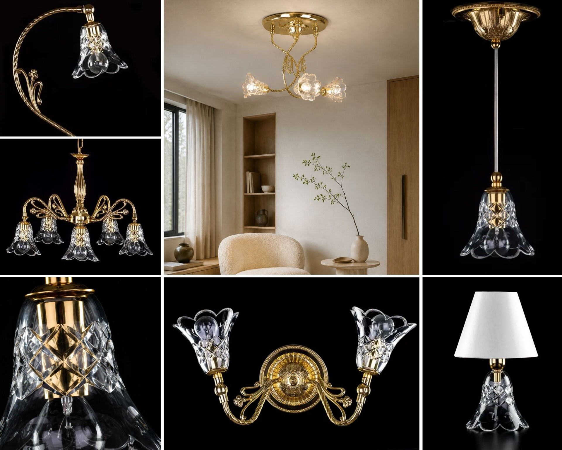 Colección modernista de ArtCrystal: lámpara de araña, plafón y lámpara colgante con tulipas de cristal talladas a mano en forma de campanilla