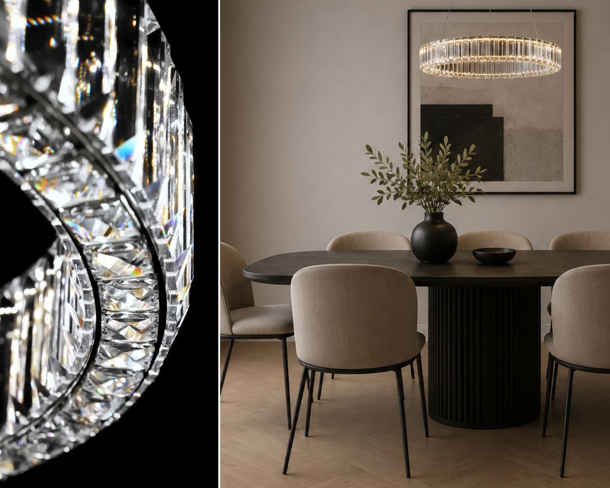 Moderna lámpara circular sobre una mesa de comedor redonda, una elegante luminaria en forma de anillo ideal para interiores amplios y con posibilidad de combinar varios círculos de distintos diámetros.   