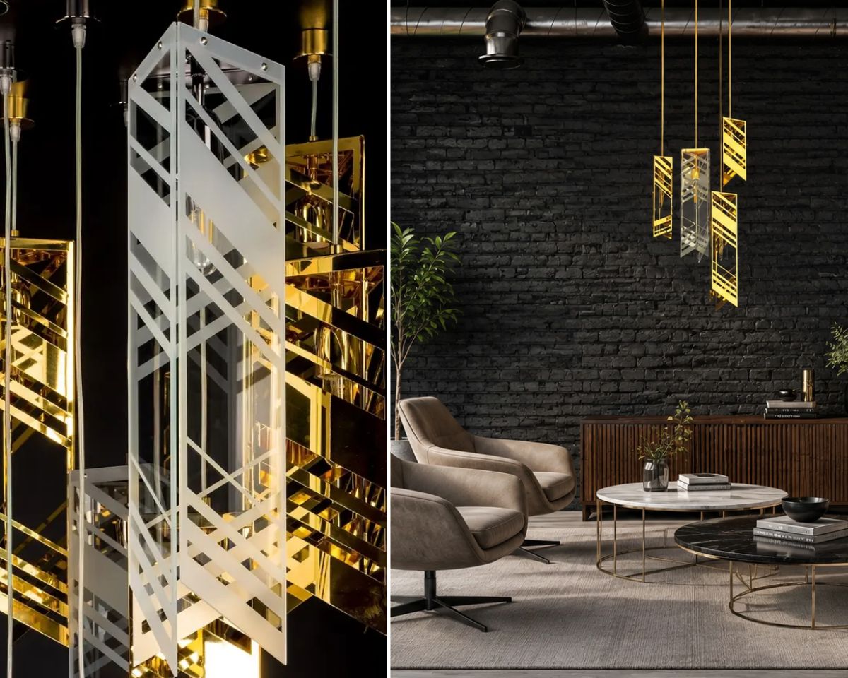 Lámpara metálica de diseño LV099 en un moderno salón industrial, donde su diseño preciso refuerza el carácter funcional y contemporáneo del interior.