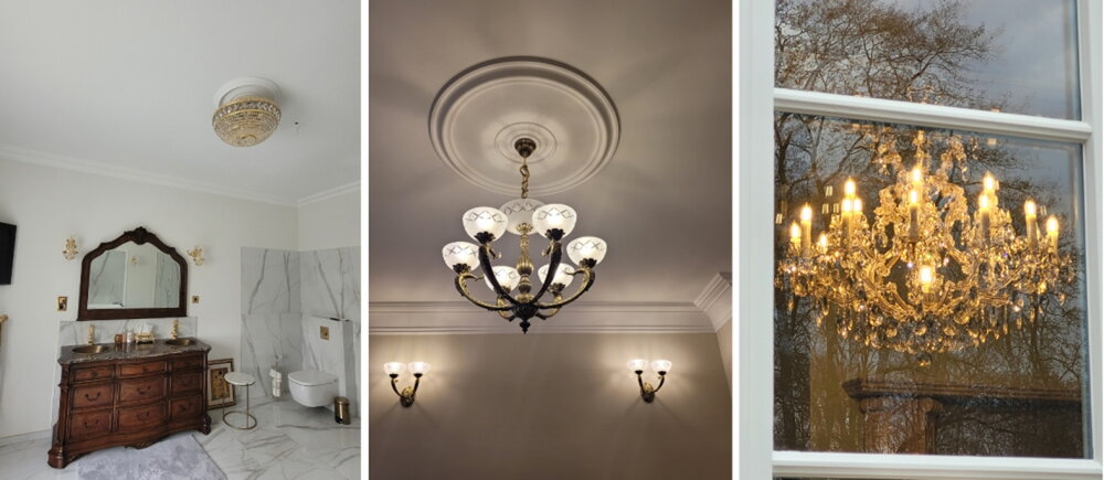 Lámpara de techo con pequeños elementos de cristal en un interior moderno de villa