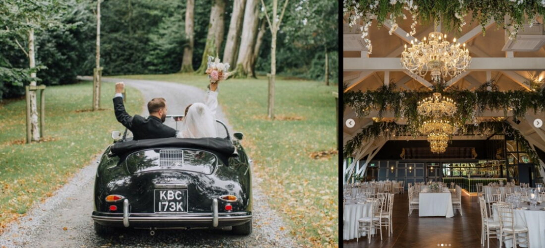 Pareja de boda en coche y salón con lámparas de cristal en Old Rectory