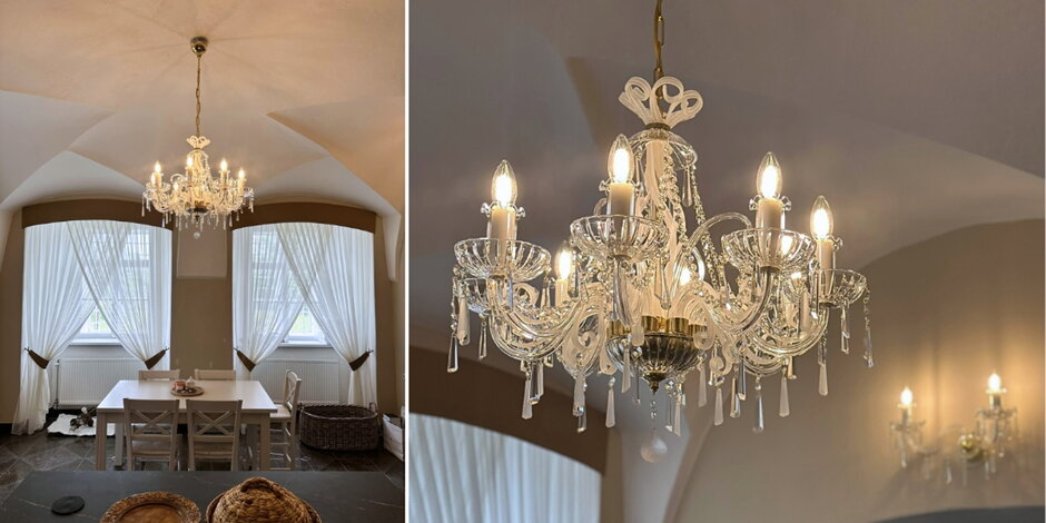 Cocina de castillo con lámpara de cristal de diseño y aplique de pared