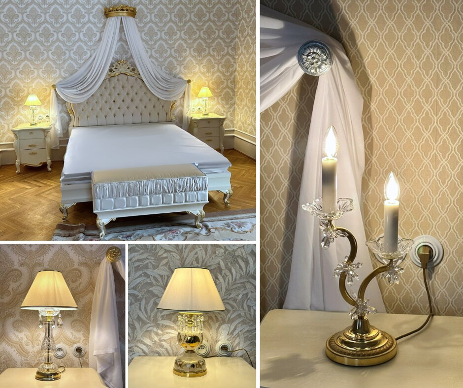 Dormitorio de lujo en un castillo con cama tapizada y lámparas de cristal de mesa