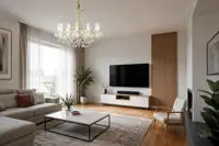 Lámpara de araña de cristal en salón moderno luminoso