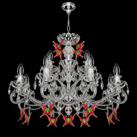 Lámpara de cristal de diseño con colgantes de mariposas de colores en acabado plateado sobre fondo negro