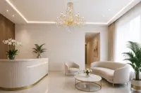 Lámpara de araña de cristal sobre una mesa de centro redonda en un salón moderno